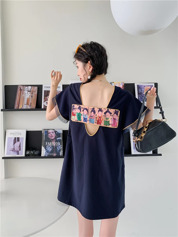 

ZCSMLL Funky Backless Cartoon Flare Sleeve Summer Dress 2022 Designer Black Straight Mini Dress Women Japanese Fashion