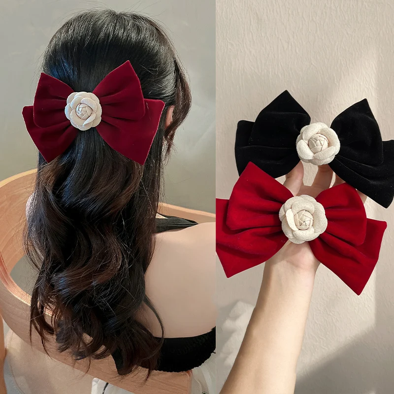 

Elegant Bow Tie Hairpins Women Velvet Bow Hair Clip Girls Black Red Hair Camellia Chain Terms Wedding Party Headwear Accessories