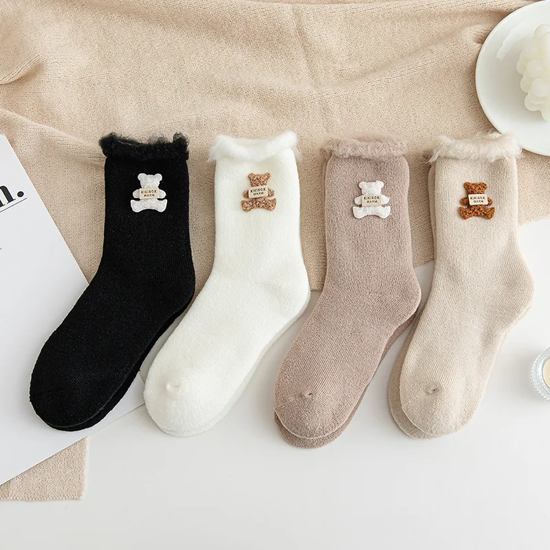 

Super Thicken Thermal Medium Tube Wool Socks Cartoon Bear Terry Socks Cute Girls Snow Socks Autumn Winter Women Cashmere Socks
