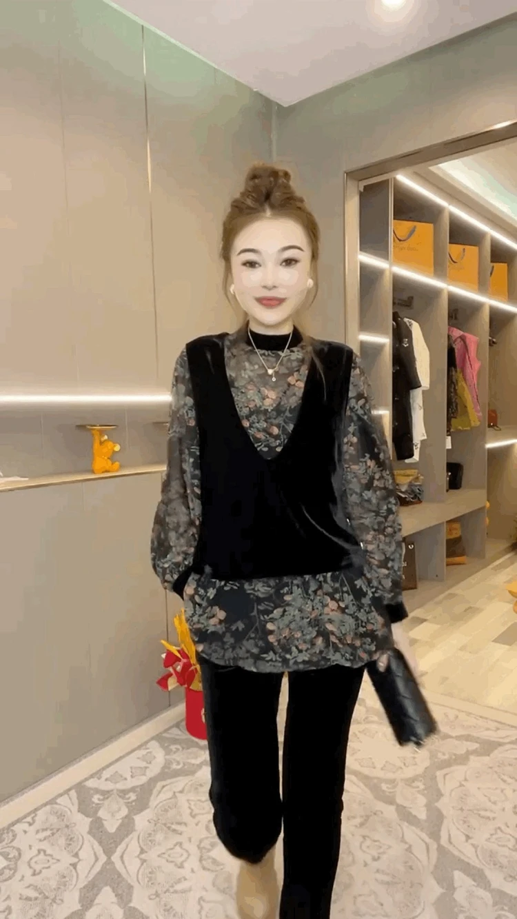 Золотистый бархатный жилет шифоновые рубашки с большими рукавами комплект из