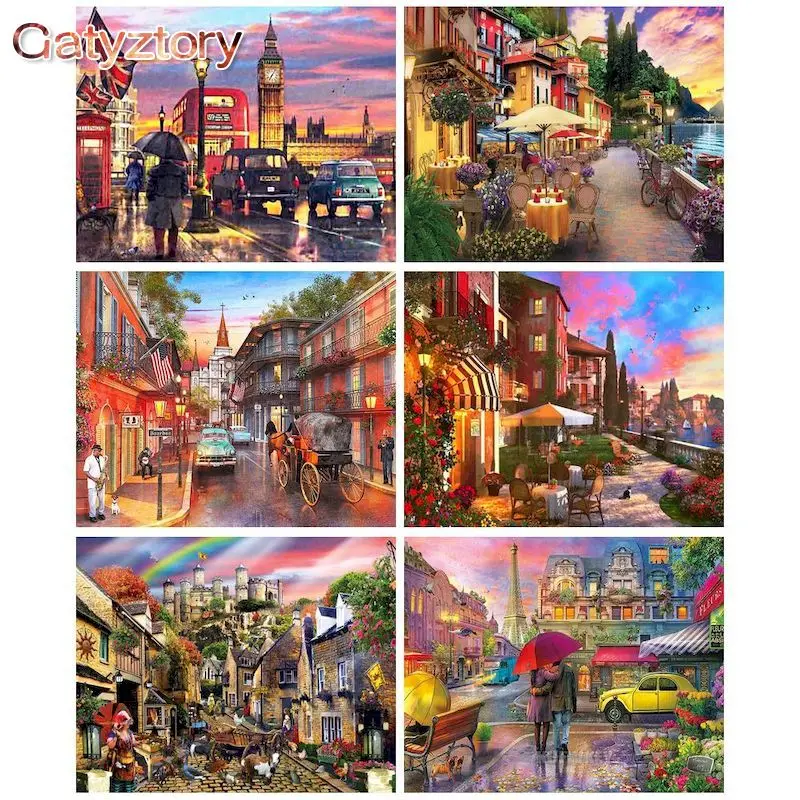 

GATYZTORY Framed Painting By Numbers Street Landscape Canvas Drawing Handpainted Kits Acrylic Paints Home Decor Wall Artwork