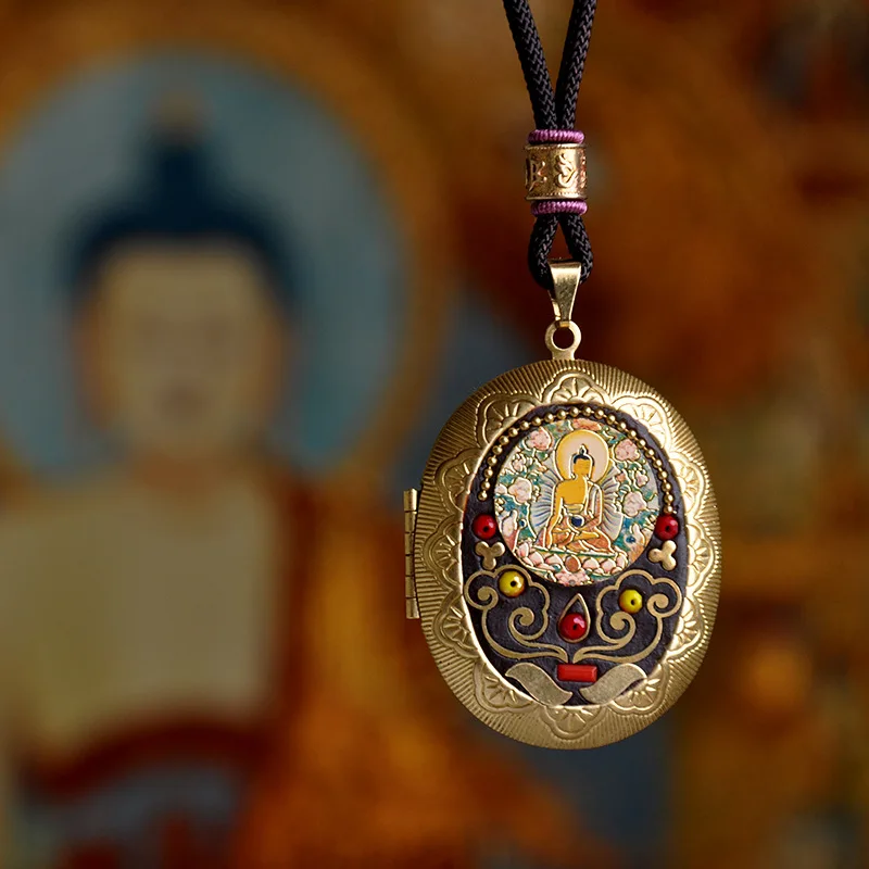 Фото Латунная коробка Gawu, кулон Dahi Tathagata, ожерелье ручной работы, полый открытый тибетский кулон №4