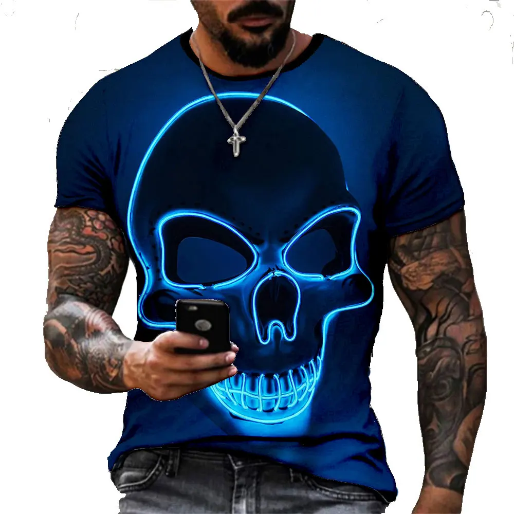 

New Summer Skull Head Humor Fun Art 3D Print T-shirts For Men Fashion Skeleton Round Neck Short Sleeve Loose Oversized Tops 6XL