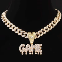 iced out bling hip hop game letter pendant necklace for women men shine crystal 13mm miami cuban chain choker necklaces jewelry