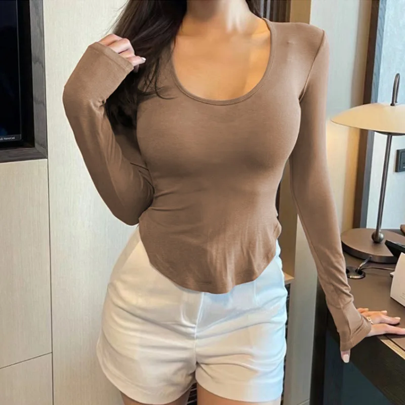 

Women Sexy Bodycon T-shirts Autunmn Women Long Sleeve O-neck Crop Top Modis Sheath T-shirts Fashion Autumn Solid Tops