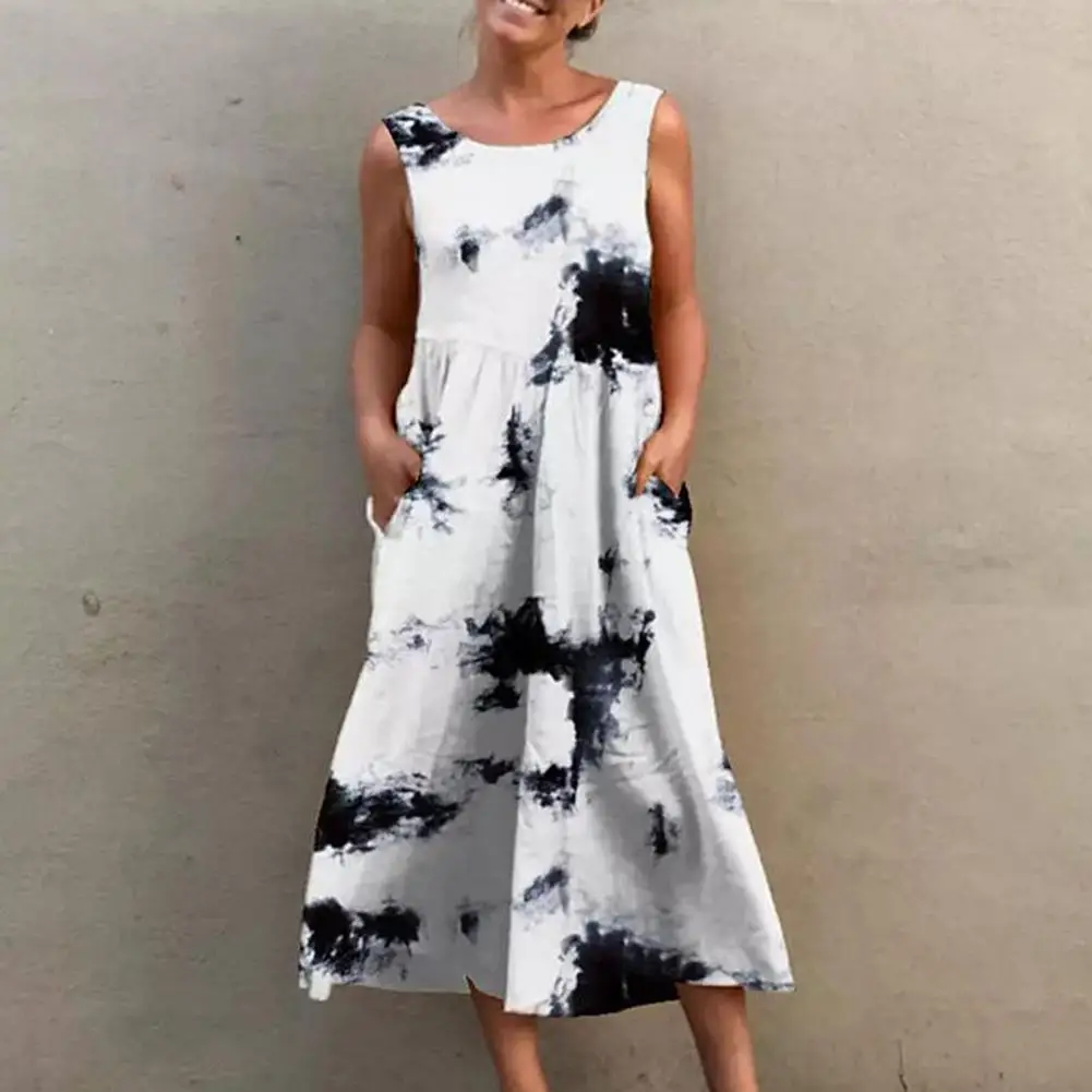 

O-Neck Sleeveless Side Pockets Summer Elegant Casual Women's Dresses For Women 2022 Tie Dye Print Women Midi Dress Streetwear