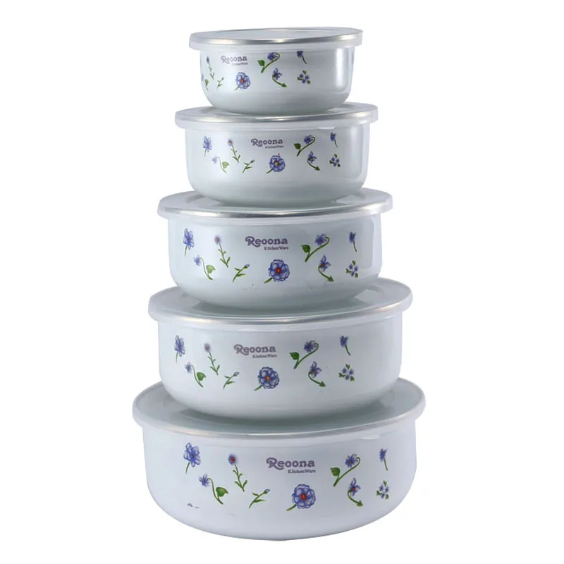 

free shipping mixing bowls with seal cover Enamel suit set 5pcs preservation set ice bowl mini rice bowl 10-18cm