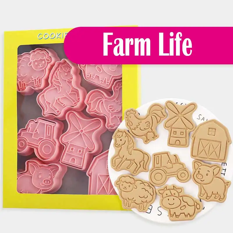 

8pcs Farm Animal Cookie Cutters Stamp 3D Cartoon Horse Pig Sheep Cow Cookie Fondant Baking Molds Kitchen Pastry Bakeware Tool