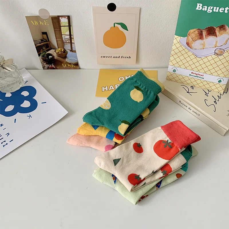 5 Pcs Harajuku Japanese Cute Cartoon Fruit Cotton Socks Set for Women New Sweet Kawai Spring Autumn Mid-Tube Cotton Korean Socks