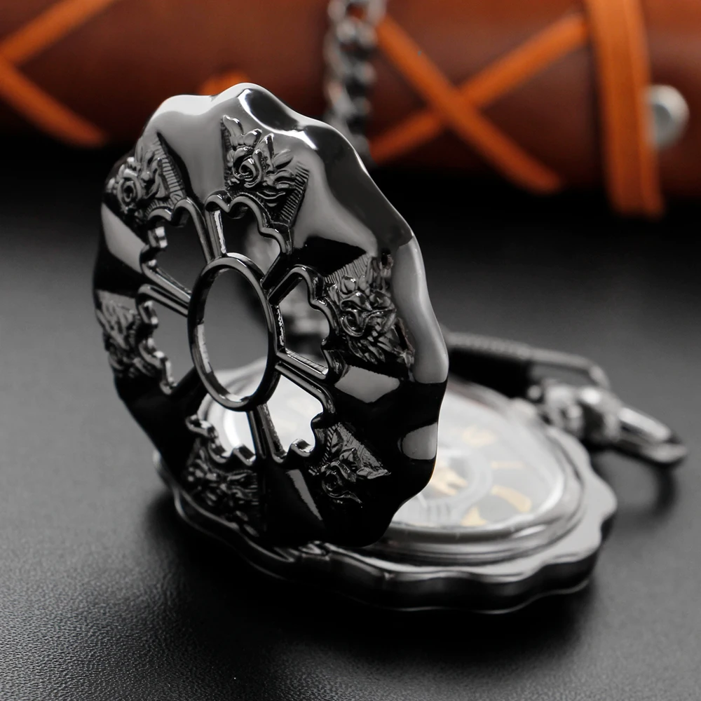 Black Petal Shaped Design Manual Gentleman Mechanical Pocket Watch Retro Men's Necklace Pendant Clock Women's Jewelry Gift