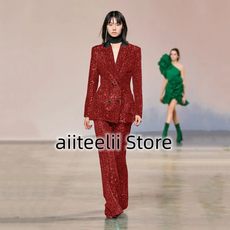 Women's Suit 2 Piece Set Sexy Sequins Retro Spike Lapel Fashion Slim Double Breasted Floor Length Trousers For Casual Party 2023