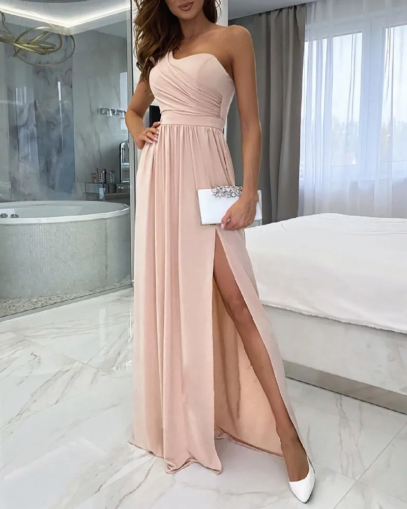 

Women Long Maxi Dress Sexy High Waist One Shoulder Ruched Split Thigh Prom Dress Summer Spring Party Evening