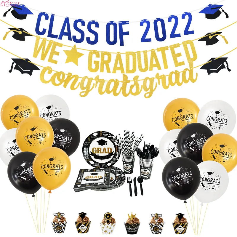 

2022 Graduation Party Decorations Congrats Grad Paper Garland Banner Graduation Balloons Disposable Tableware Grad Cupcake Decor
