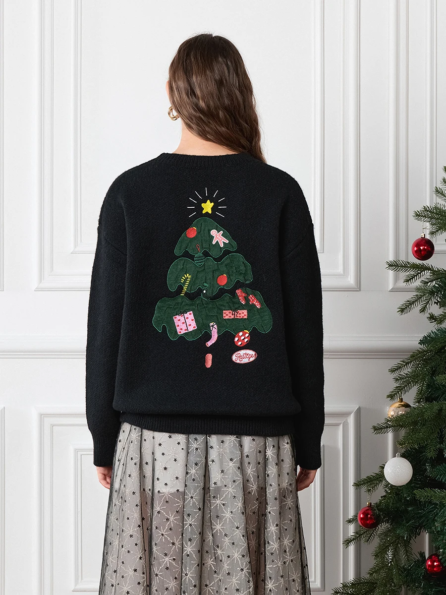 Женский Рождественский свободный трикотажный топ с длинным рукавом и круглым