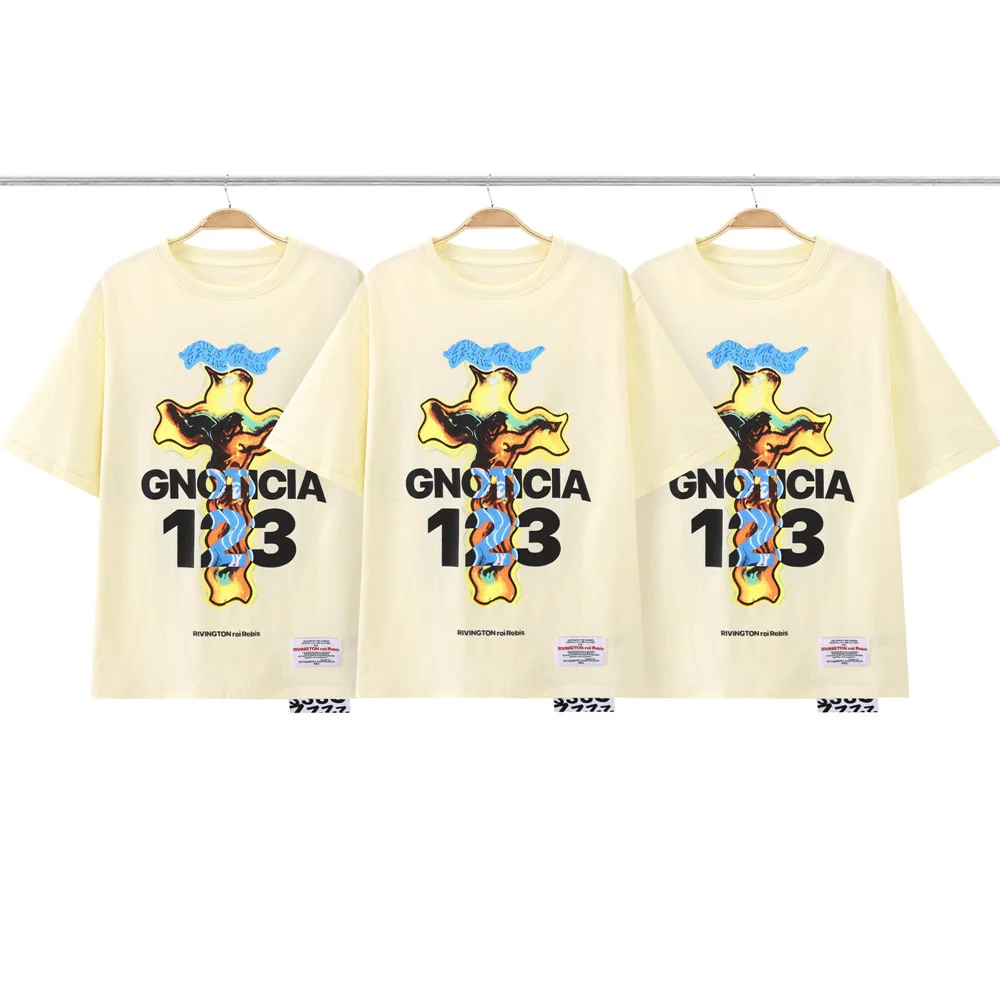 

RRR123 Loose Men TShirt Cotton Kanye West Cross Shirt Printed T-shirt Suitable For Spring Summer Casual Light Yellow Tops