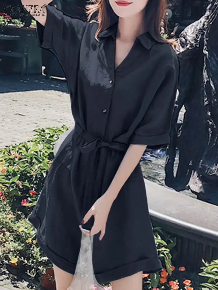 

ZANZEA Stylish Elegant Vintage Loose Overalls Summer Women Work OL Jumpsuit V-Neck Half Sleeve Solid Color Pockets Playsuit 2022