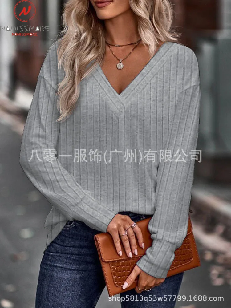 

Женский свободный пуловер с V-образным вырезом и длинным рукавом