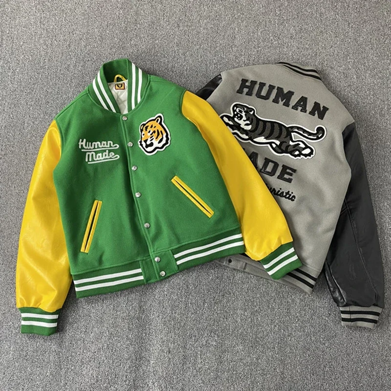 

Towel Embroidery Tiger HUMAN MADE Jackets Oversized 1:1 High Quality Leather Sleeve Jackets Baseball Jackets