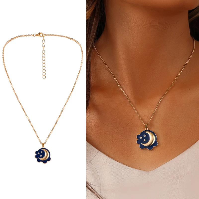 

Simple Harajuku Sweet Cute Moon Star Heart Enamel Necklace Korean Fashion Moon & Star Pendant Necklace for Women