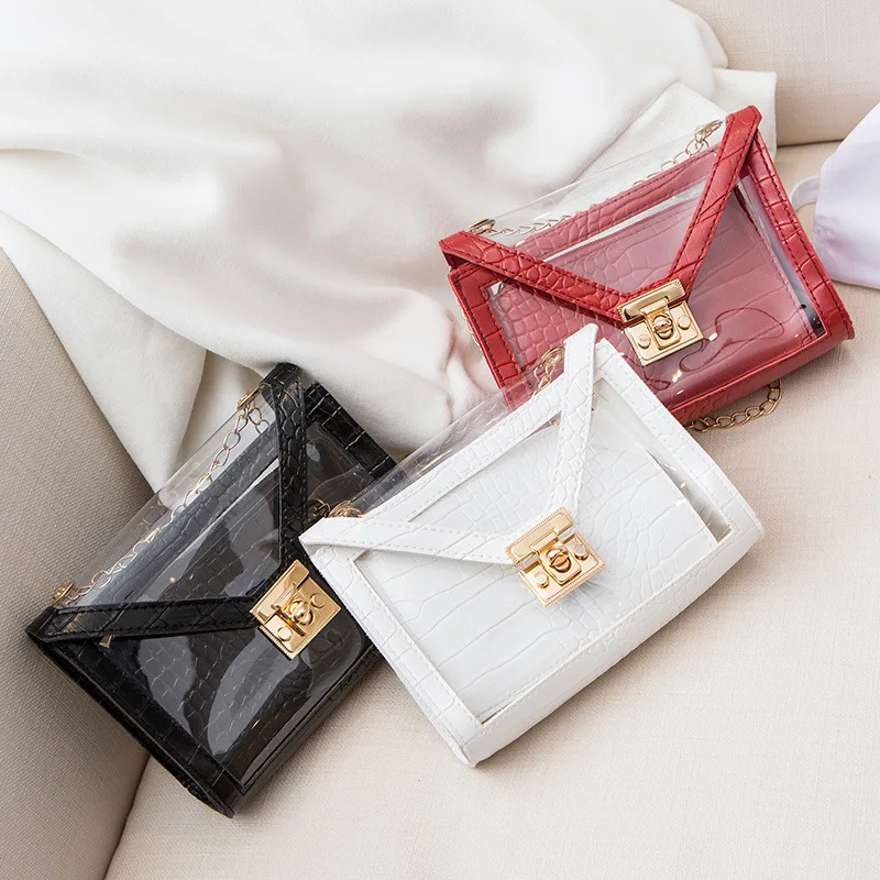 

Crocodile Pattern Jelly Women's Shoulder Bag 2020 Summer Autumn Bags Transparent Handbag Personality Lock Chain Small Square Bag