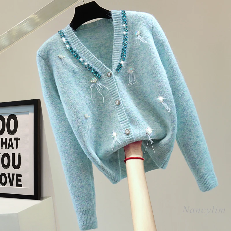 Женский вязаный кардиган с перьями свитер длинными рукавами и V-образным вырезом