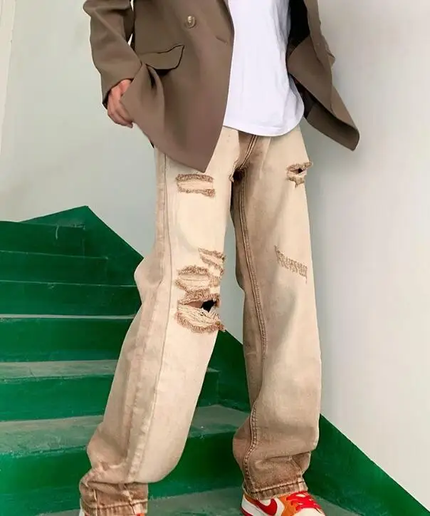 Gradient Color Washed Coffee Color Ripped Jeans Men Tide Brand Retro Brown Hollow Straight-Leg Pants