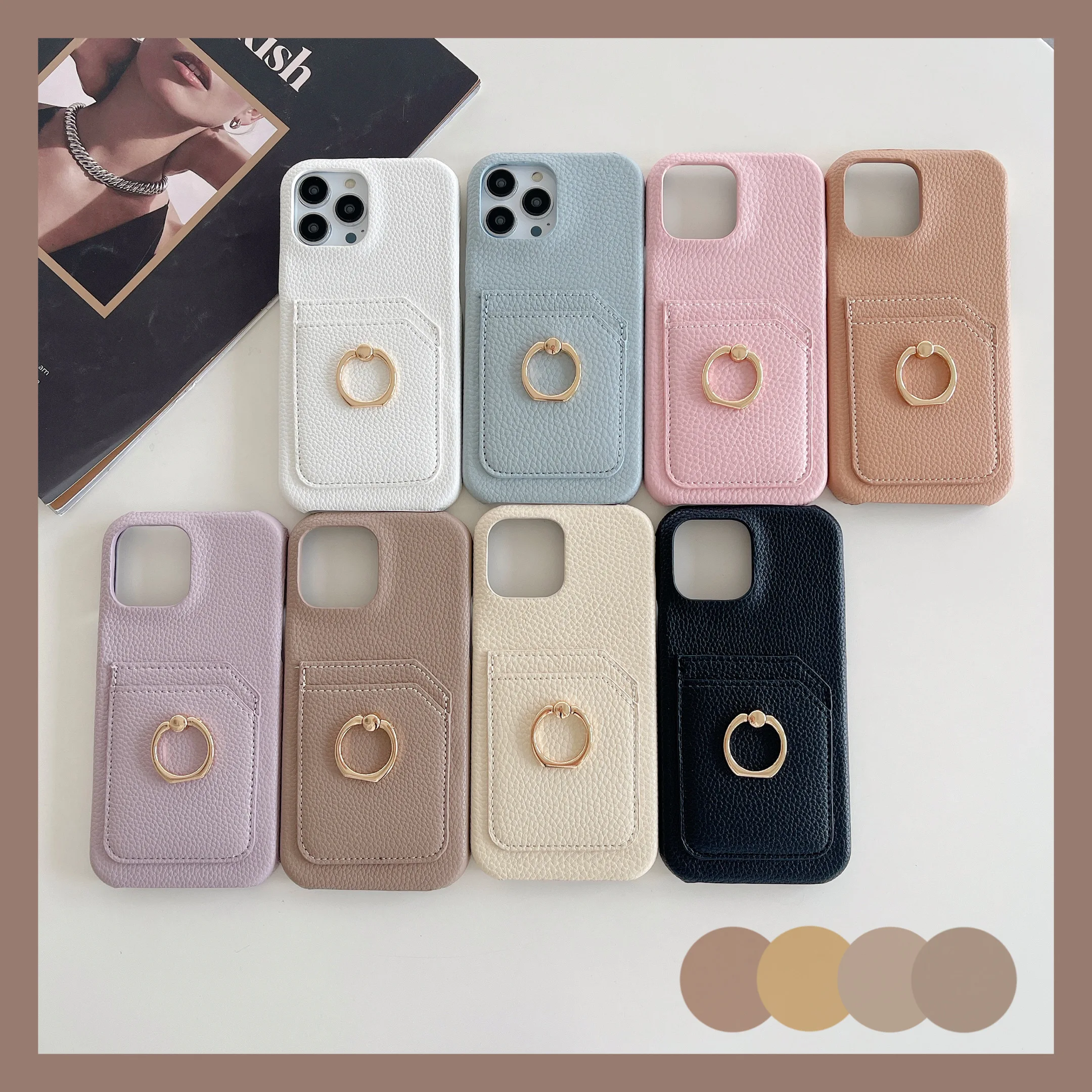 

Luxury Ring Kickstand Leather Phone Case For iPhone 14 Pro Max 13 12 Mini XR X XS Max 11 7 8 Cover Visa Cards Slot PC hard Funda