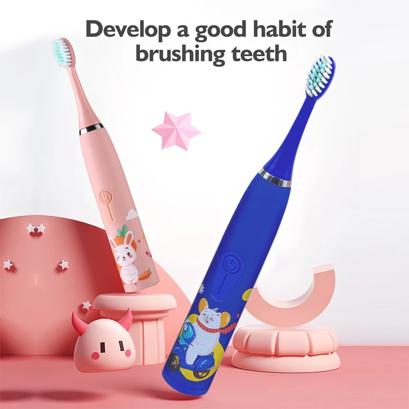 

Детская электрическая зубная щетка с мультяшным рисунком, Детская сменная зубная щетка, головки, Ультразвуковая электрическая зубная щетк...