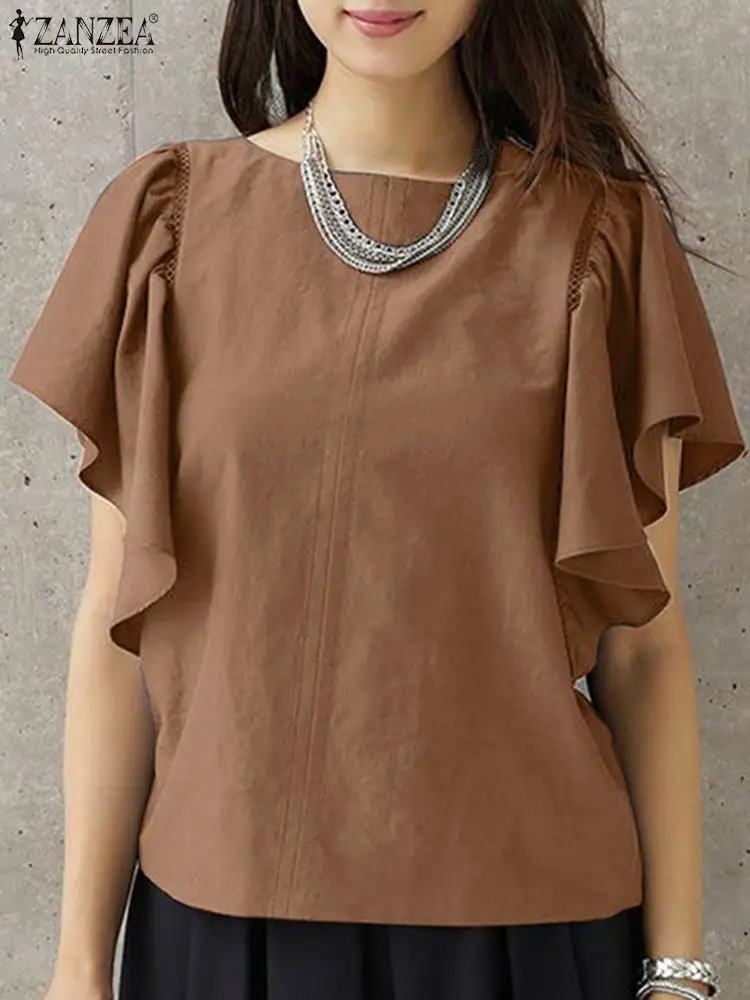 

Женская летняя блузка с оборками ZANZEA, повседневная Рабочая Рубашка с коротким рукавом, женские блузы с круглым вырезом, элегантные офисные рубашки, праздничная туника, топы