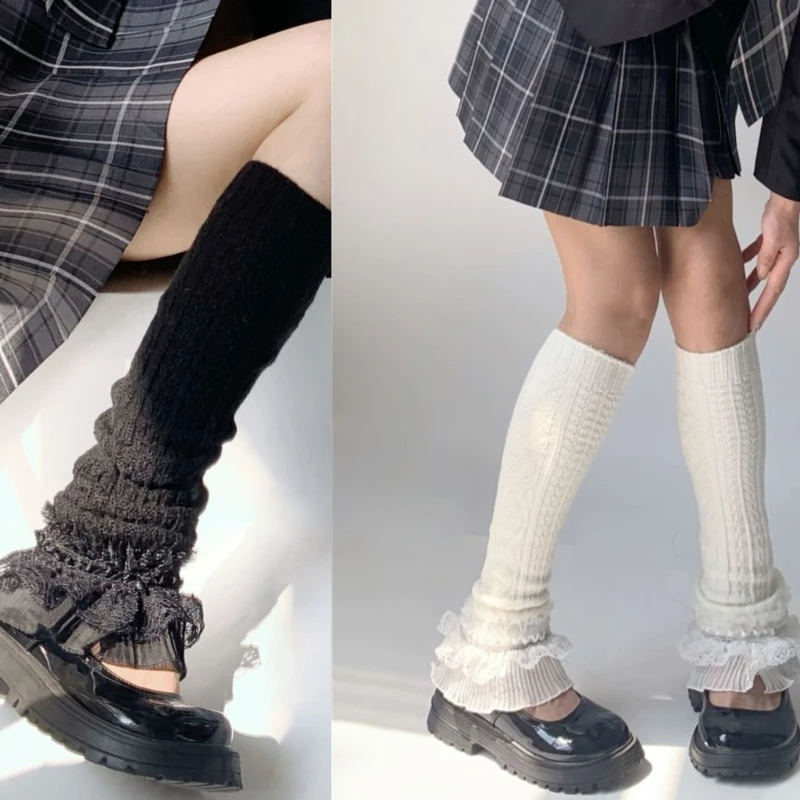 Women Girls Japanese Style Lace Hem Knitted Leg Warmers Knee High Boot Stockings