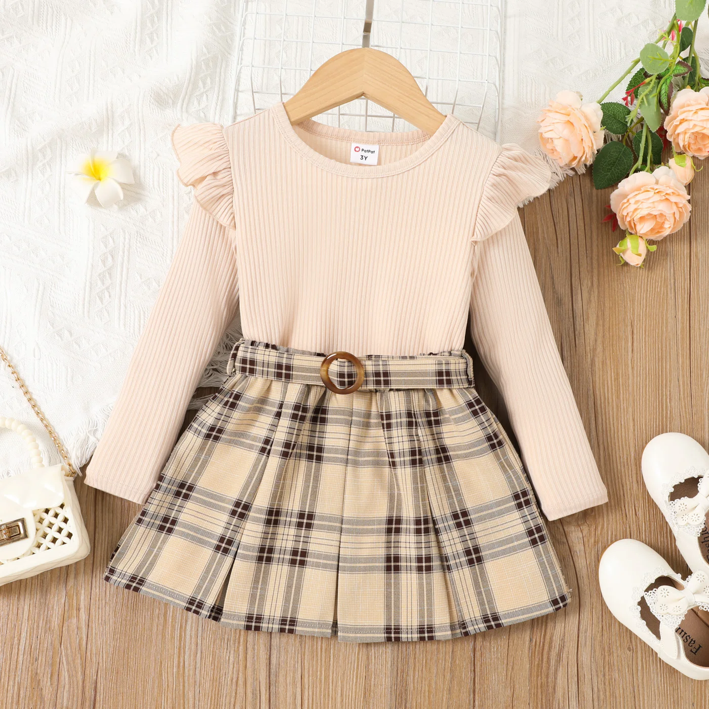 

PatPat 3pcs Toddler Girl Classic Plaid Flutter Sleeve Dress