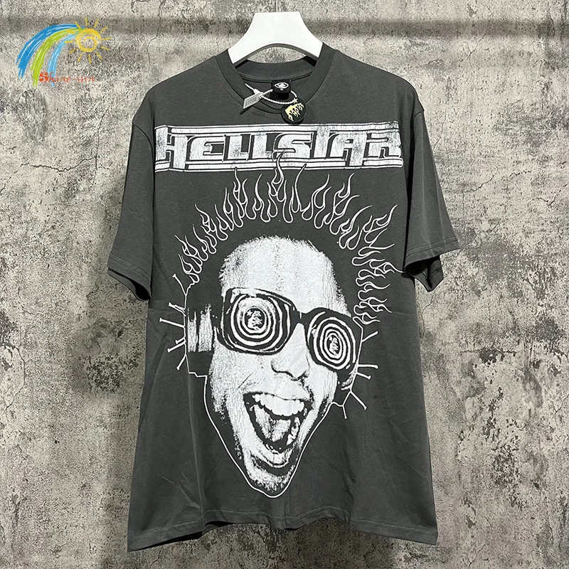 

23SS Character Graphics Printing Hellstar T Shirt Men Women 1:1 Oversized Short Sleeve Top Vintage Dark Grey Tee With Tags