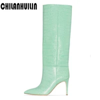 classic print leather microfiber sexy pointy toe knee high women boots elegant party shoes autumn winter warm slip on long boots