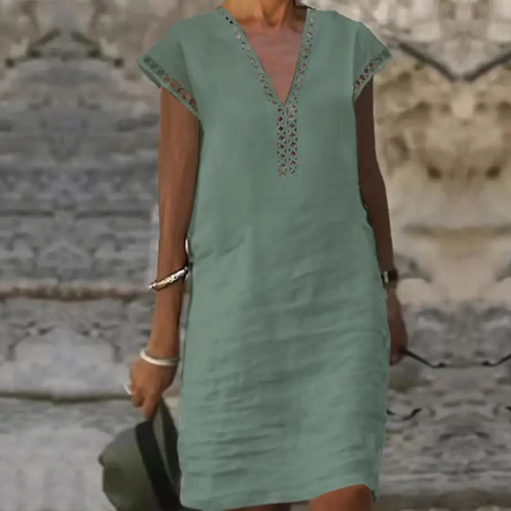 

Charming Beach Dress Lace Stitching Breathable Ladies Dress Retro Summer Lady Office Mini Dress