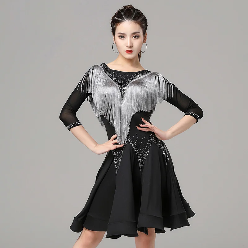 

One-Piece Latin Dance Dresses Women Sling Stretchy Dress Half Sleeves Rhinestones Girls Fringes Costume Competition