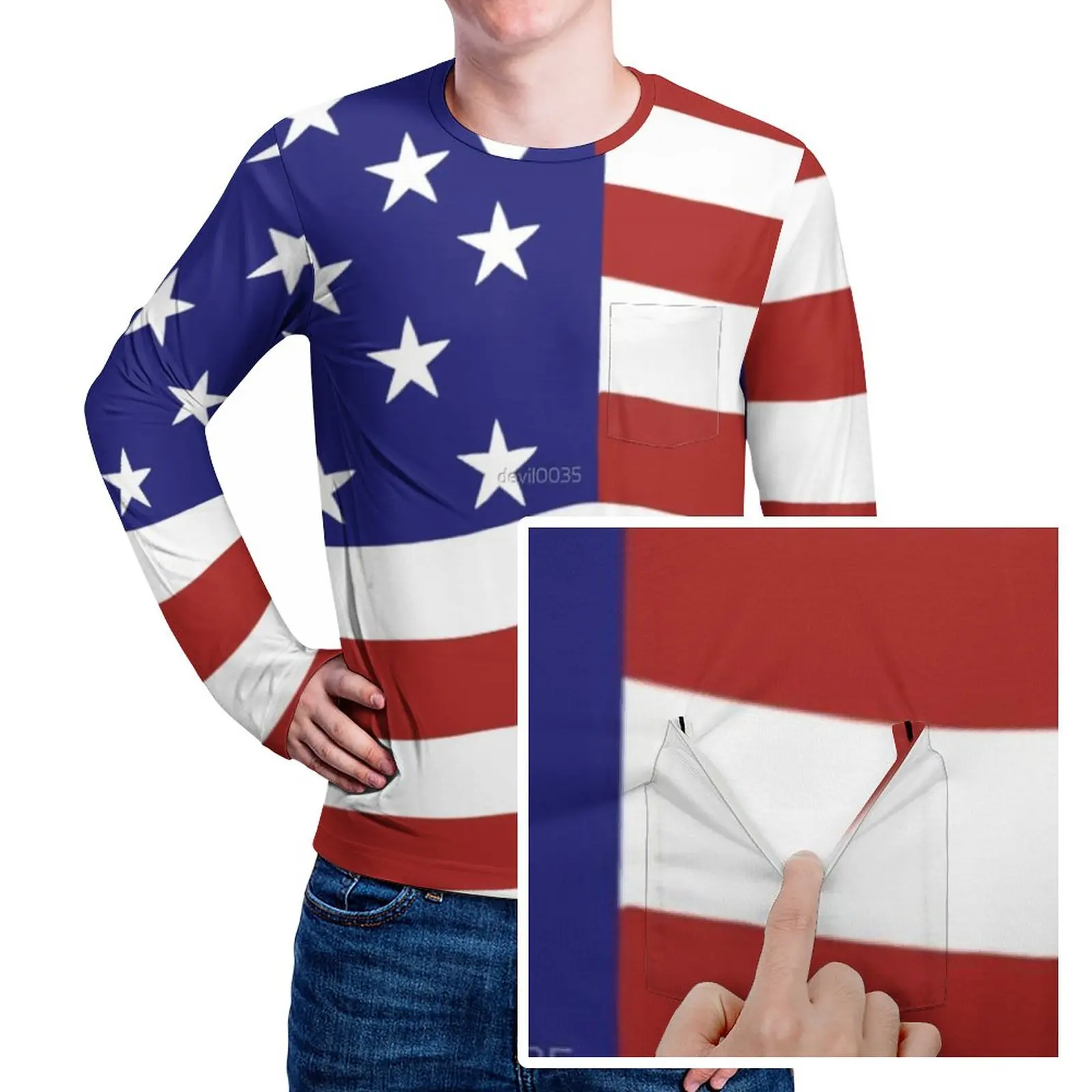 

Футболка мужская с принтом американского флага США, смешная тенниска с карманами в стиле хиппи, с длинным рукавом, подарок на день рождения, ...