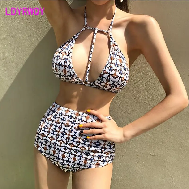 

retro hollowed-out neck sexy bikini swimsuit women's small chest gathered high waist covered belly triangular split swimsuit