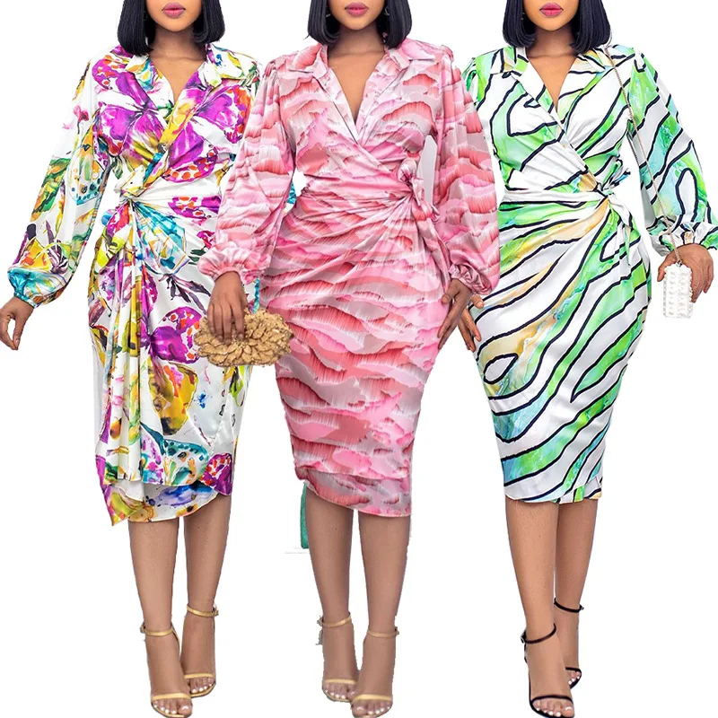 

2022 African Dresses for Women Summer African Women Polyester Printing V-neck Pink Green Knee-length Dress African Print Dresses