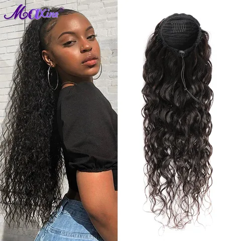 Волна воды на шнурке хвост 100% наращивание человеческих волос на клипсе в конский хвост для женщин Remy натуральный черный цвет