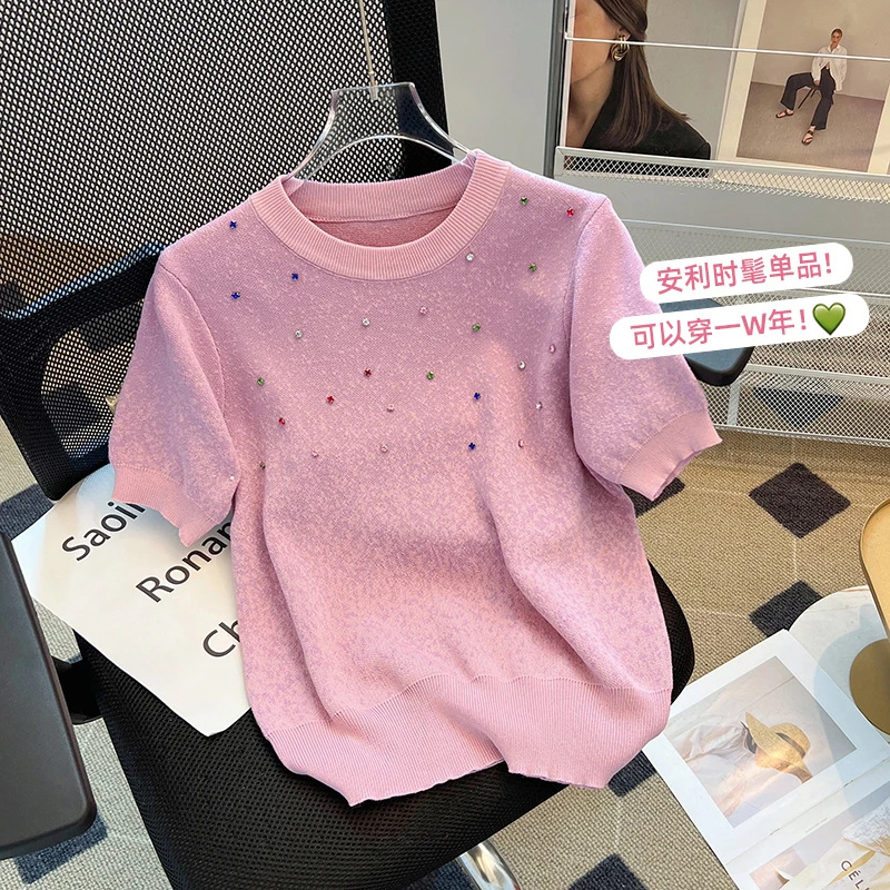 Женский трикотажный свитер со стразами повседневный Свободный пуловер с