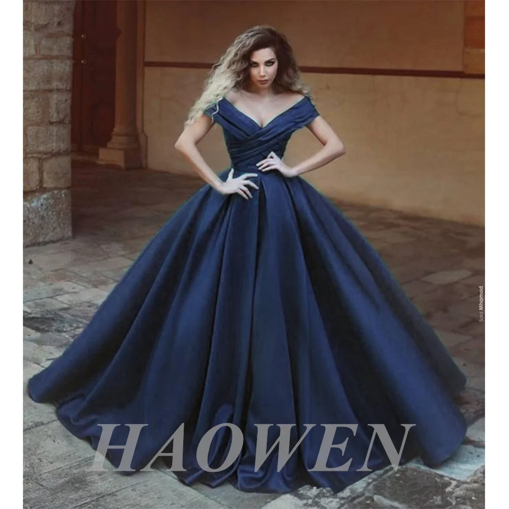 

HAOWEN Sexy V-Neck Evening Dresses Sukienki Wizytowe High Quliaty Satin Floor-Length Formal Cinderella Celebrity Gowns