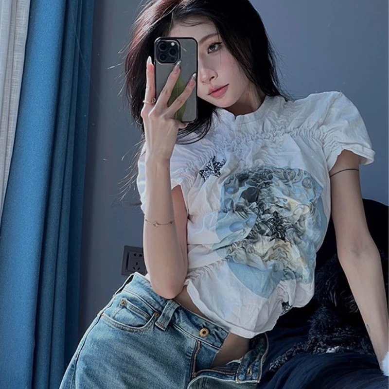 

Jennie Tops Korean Fashion Irregular Crop Tops Grunge Fairycore Print Women T-shirts Y2k Chic Designer Women Clothes