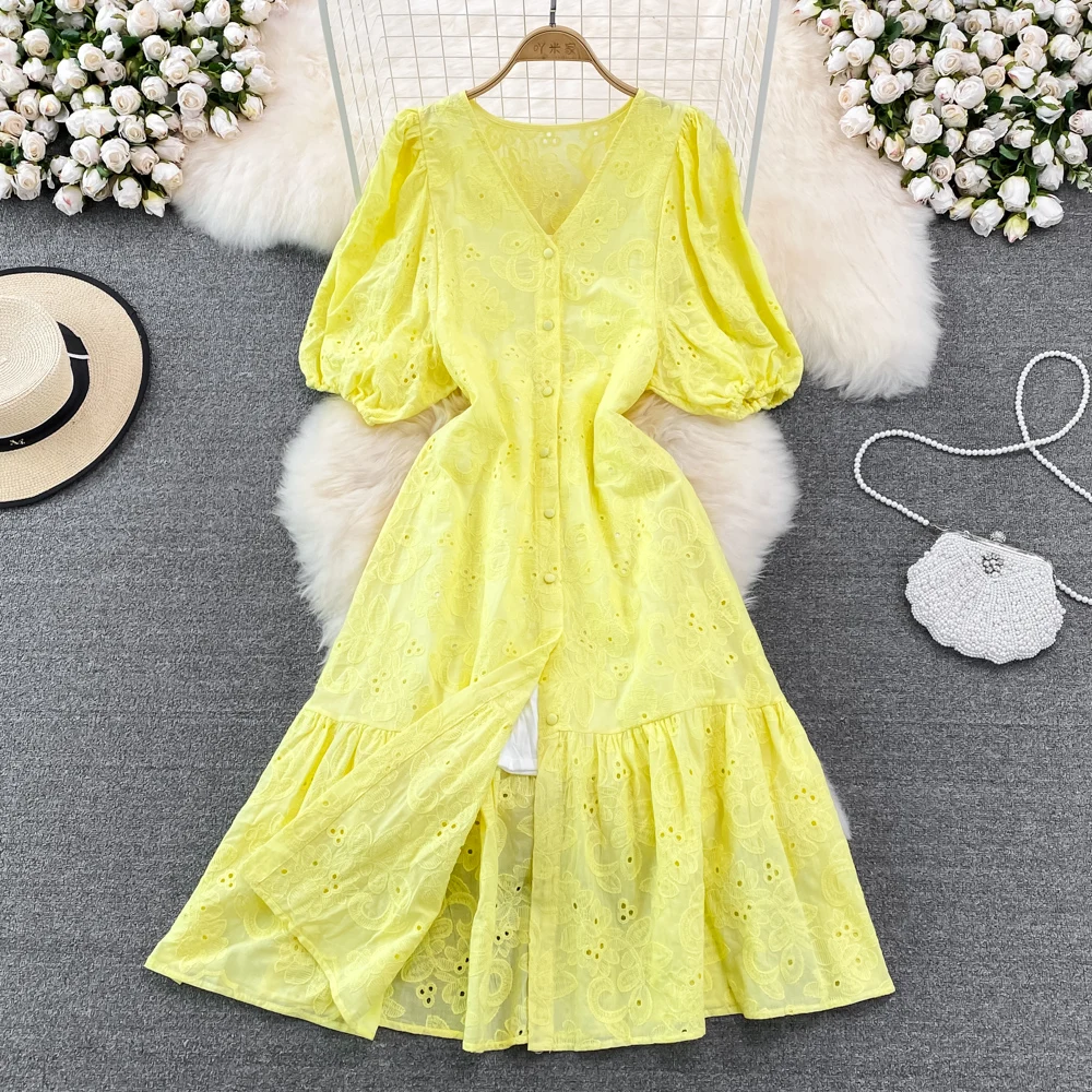 

New Summer Women V-Neck Short Sleeve Slim Long Dress High Quality Flowers Embroidery Hollow Out Single-breasted Vintage Dress