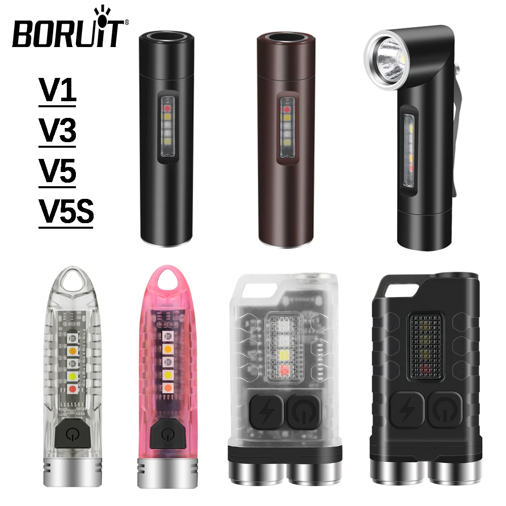 BORUiT V1/V3/V5/V5S Mini Flashlight Keychain EDC Torch USB-C Rechargeable Waterproof Keychain with magnet Lantern Red UV light