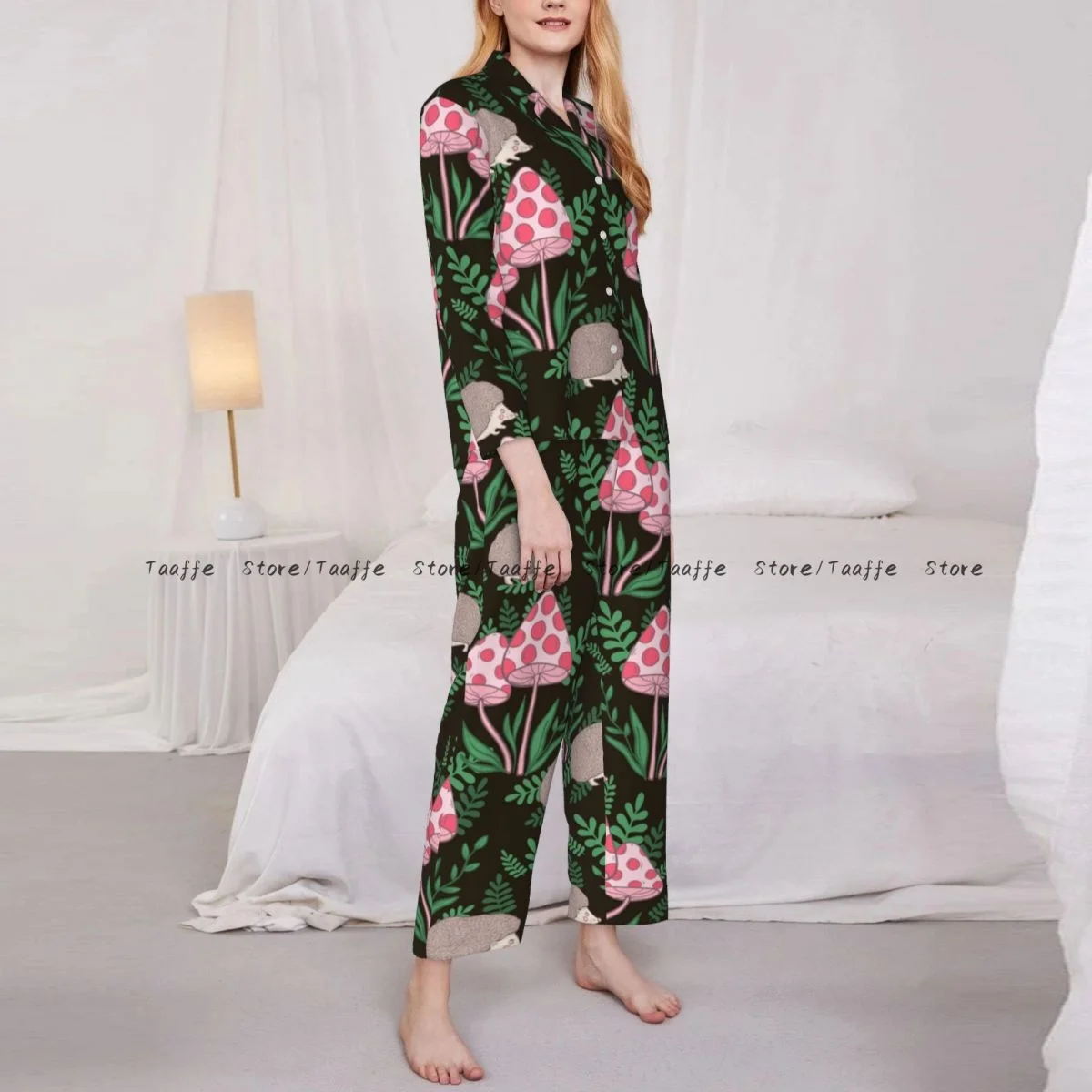Spring and Autumn Long Sleeve Pants Pajamas Loungewear Set Mushrooms Grebes And Hedgehog Women's Pull Edge Loose Sleeping Suit