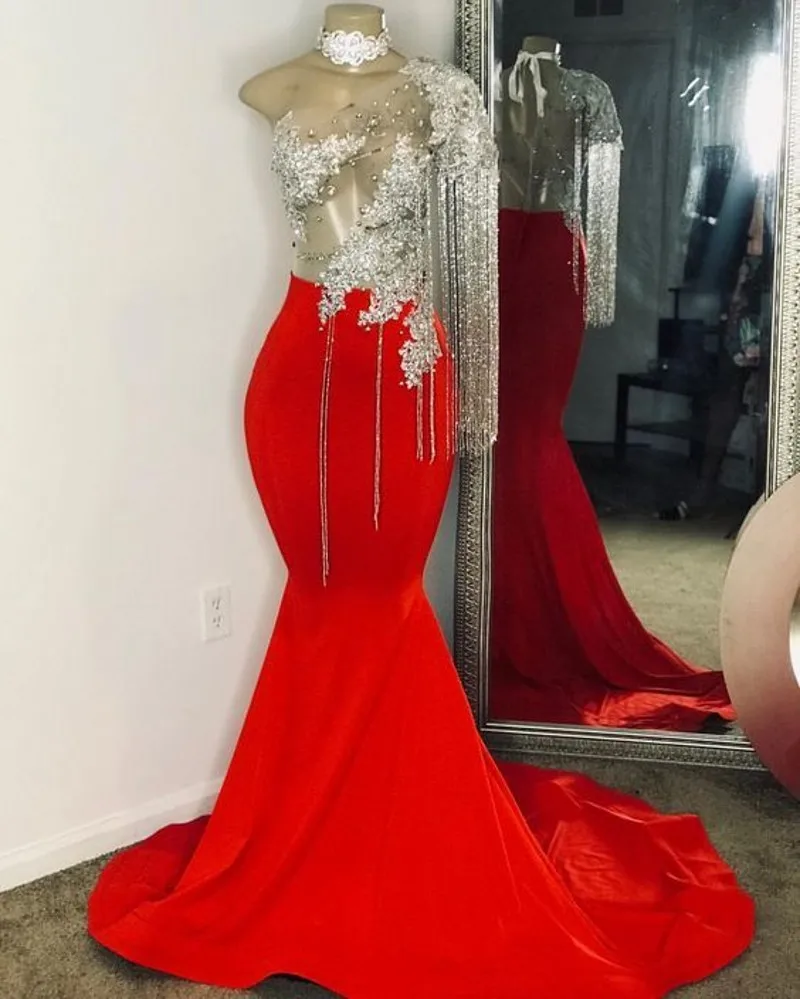 

Elegant Red Mermaid Prom Dresses Sequined Lace Appliques Beaded One Long Sleeve Evening Party Gown Women Custom Robes De Soirée