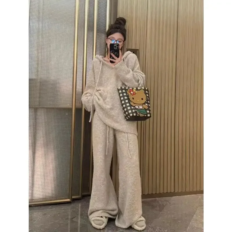 Ленивый стиль плюшевая свободная вязаная толстовка с капюшоном женские