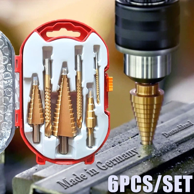 

6PCS Hss Step Drill Bit Set Cone Hole Cutter Taper Metric Titanium Coated Metal Hex Core Drill Bits for Cutting Holes