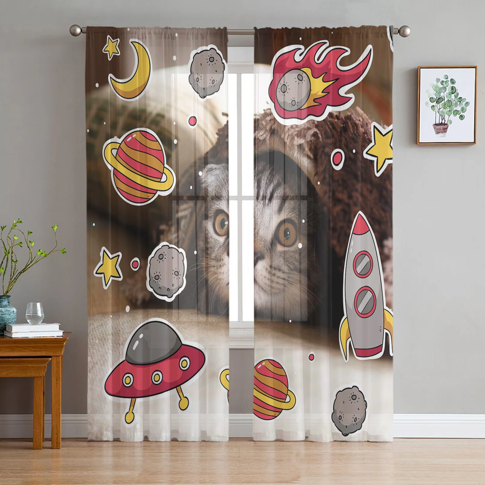 

Тюлевые шторы с изображением кошки, Вселенной, планеты, для кухни, балкона, дышащие шторы для гостиной, спальни, окна, домашний декор