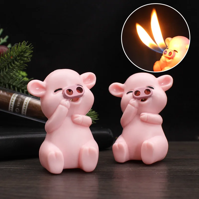 

Cute Net Red Piglet Shape Double-fire Open Flame Lighter Butane Inflatable Cigarette Lighter Creative Gift Tricky Toy